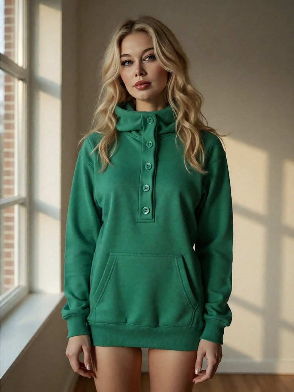 Button-Front Green Pullover Hoodie for Women
